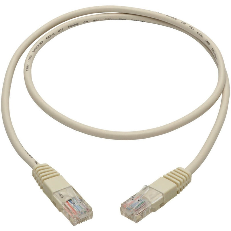 Full length view of 3-foot white Cat5e patch cable with RJ45 connectors