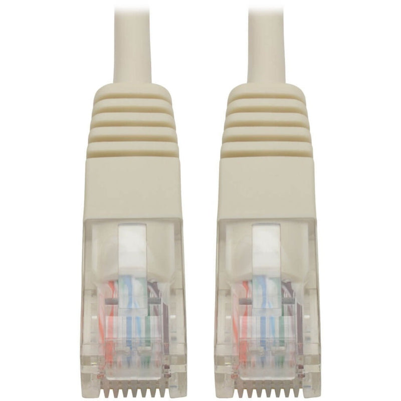 Close-up view of white RJ45 connectors with strain relief and transparent housing showing internal wiring