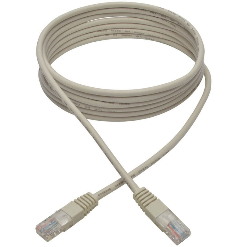 Full length view of white 10ft Cat5e patch cable with RJ45 connectors