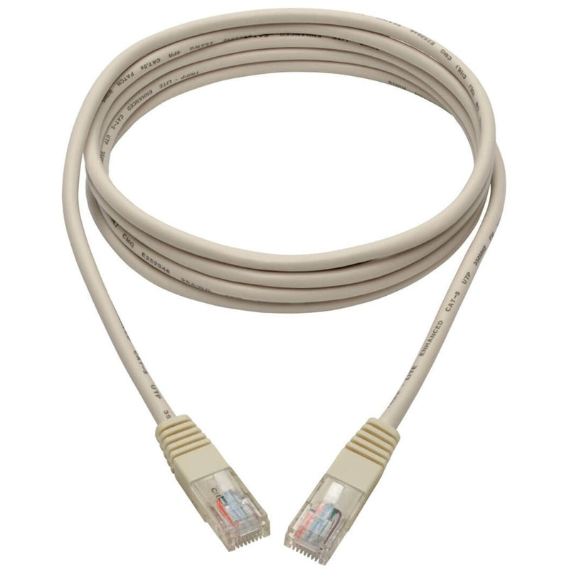 Full length view of white Cat5e patch cable showing flexible cable design