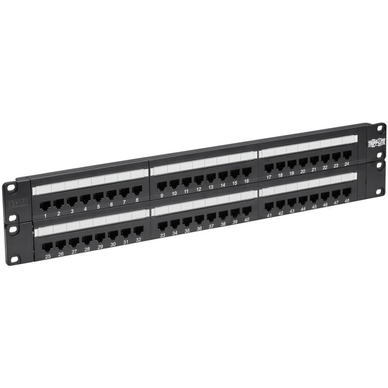 Front view of Tripp Lite N252-048 48-port Cat6 patch panel showing numbered ports and rack mounting brackets