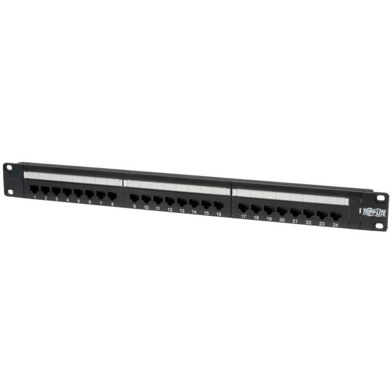 Front view of Tripp Lite N252-024 24-port Cat6 patch panel showing numbered ports and 1U rack mount design