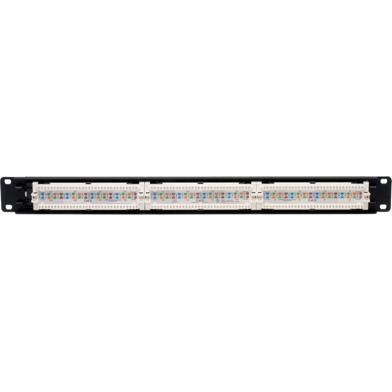 Rear view of Tripp Lite patch panel showing color-coded wire termination system and labeling