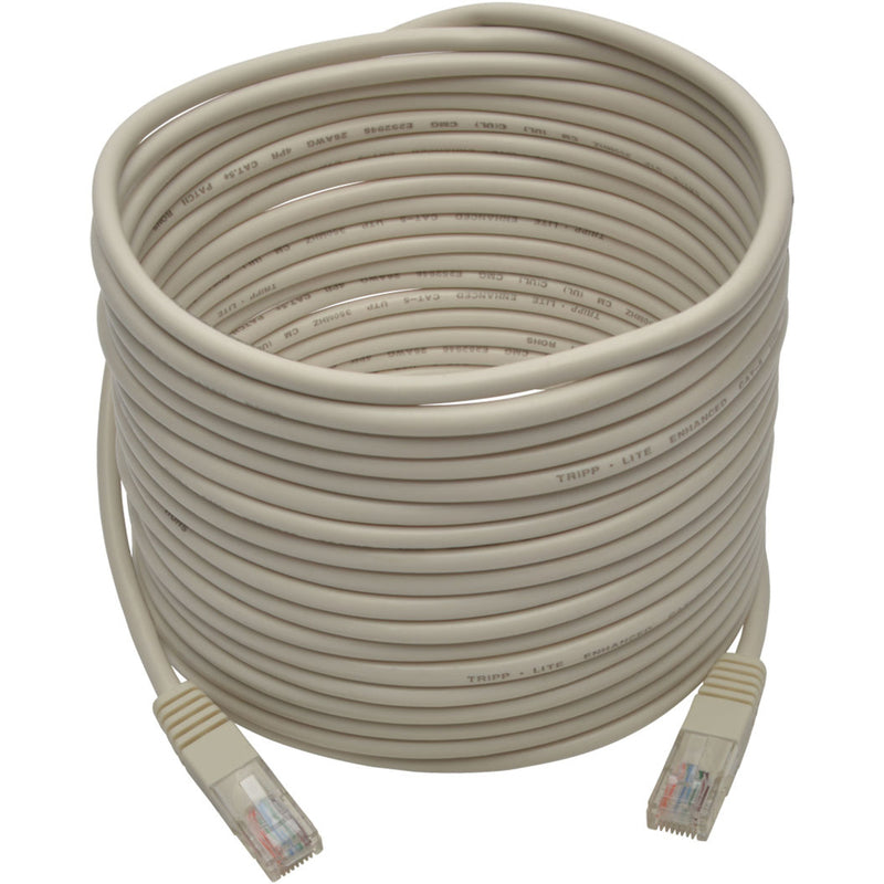 Full length view of white Cat5e cable showing cable construction and connectors