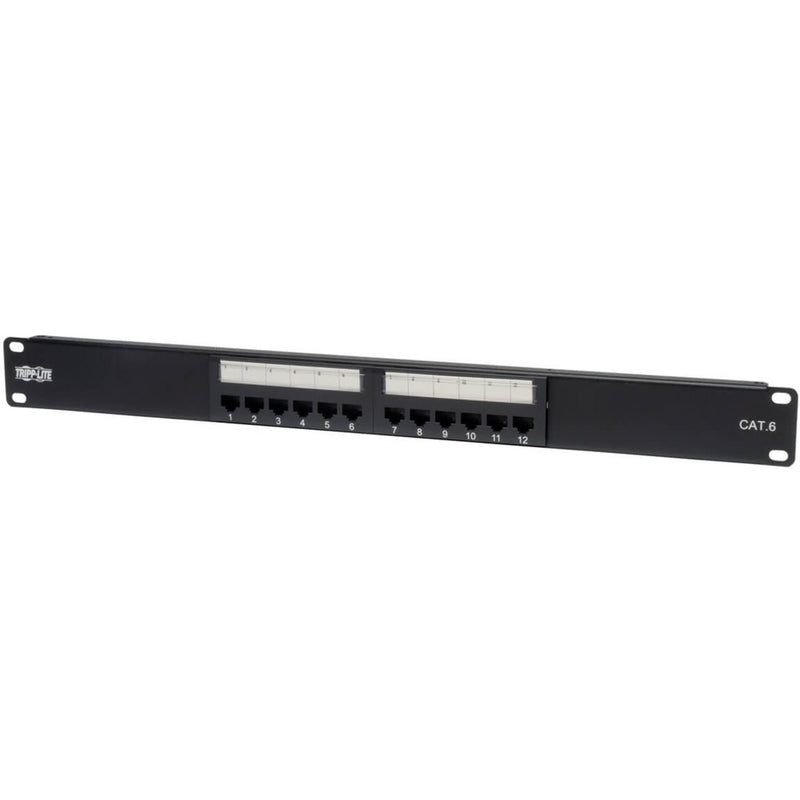 Front view of Tripp Lite N252-012 12-port Cat6 patch panel showing numbered ports and rack mount design