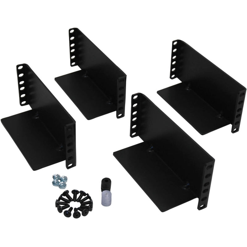 Tripp Lite 2POSTRMKITHD rack mount kit showing four black steel mounting brackets with installation hardware