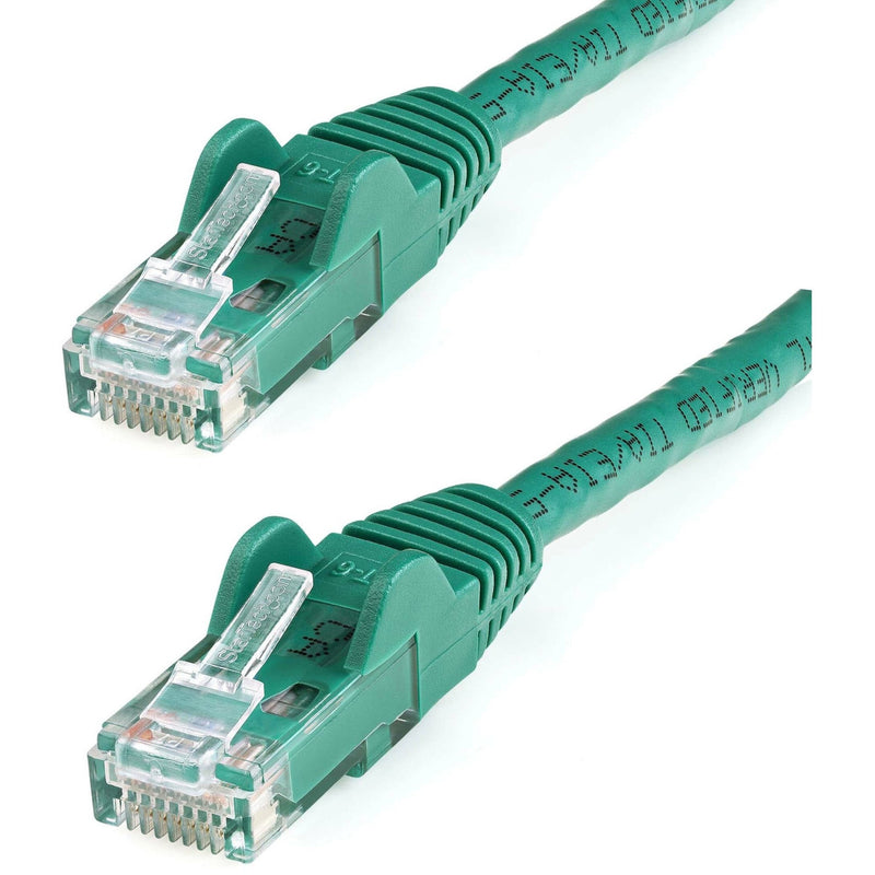 Close-up view of gold-plated RJ45 connectors on green Cat6 ethernet cable showing transparent housing and quality construction