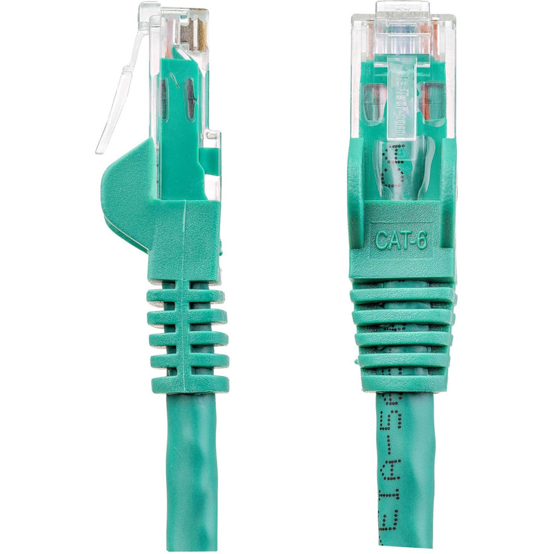 Detailed side view of green Cat6 cable snagless boot design showing strain relief and connector protection features