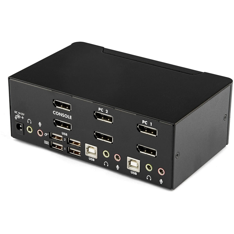 Rear view of KVM switch showing multiple DisplayPort, USB, and audio connection ports