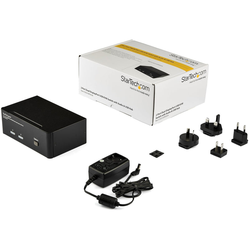 Product package contents showing KVM switch, power adapter, and international power plugs