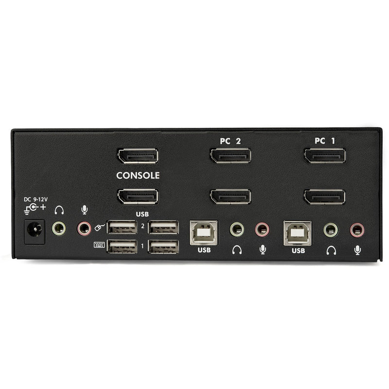 Detailed view of KVM switch rear ports showing labeled DisplayPort, USB, and audio connections