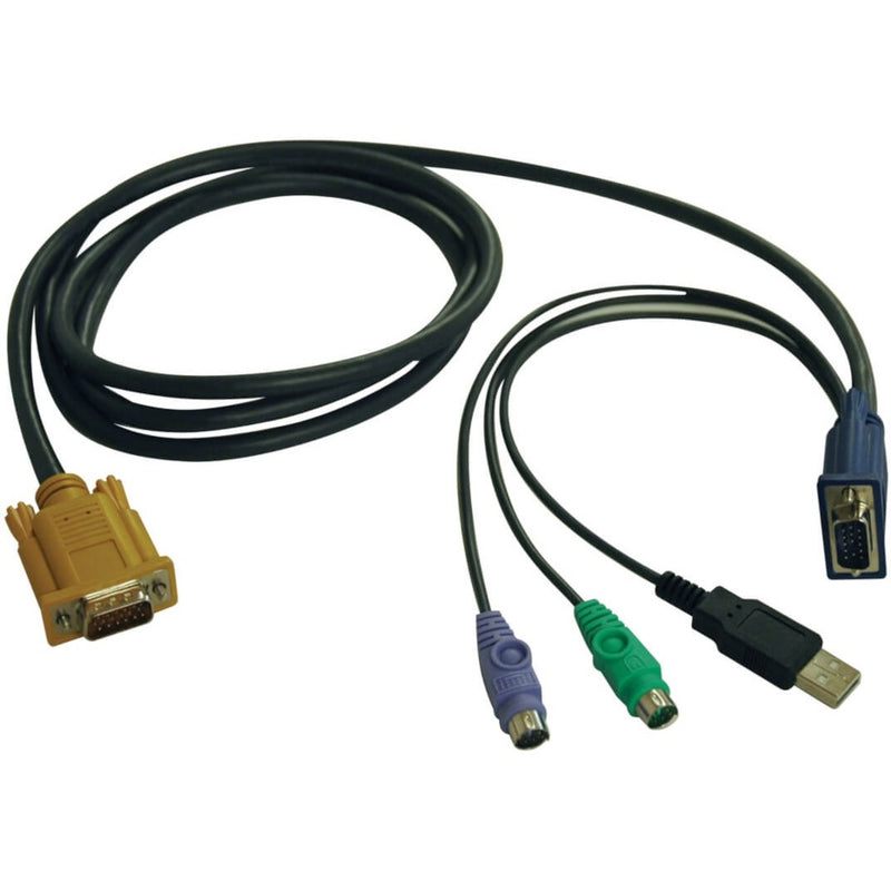 Tripp Lite P778-015 KVM cable adapter showing HD-18 connector on one end and USB, PS/2, and HD-15 connectors on the other end