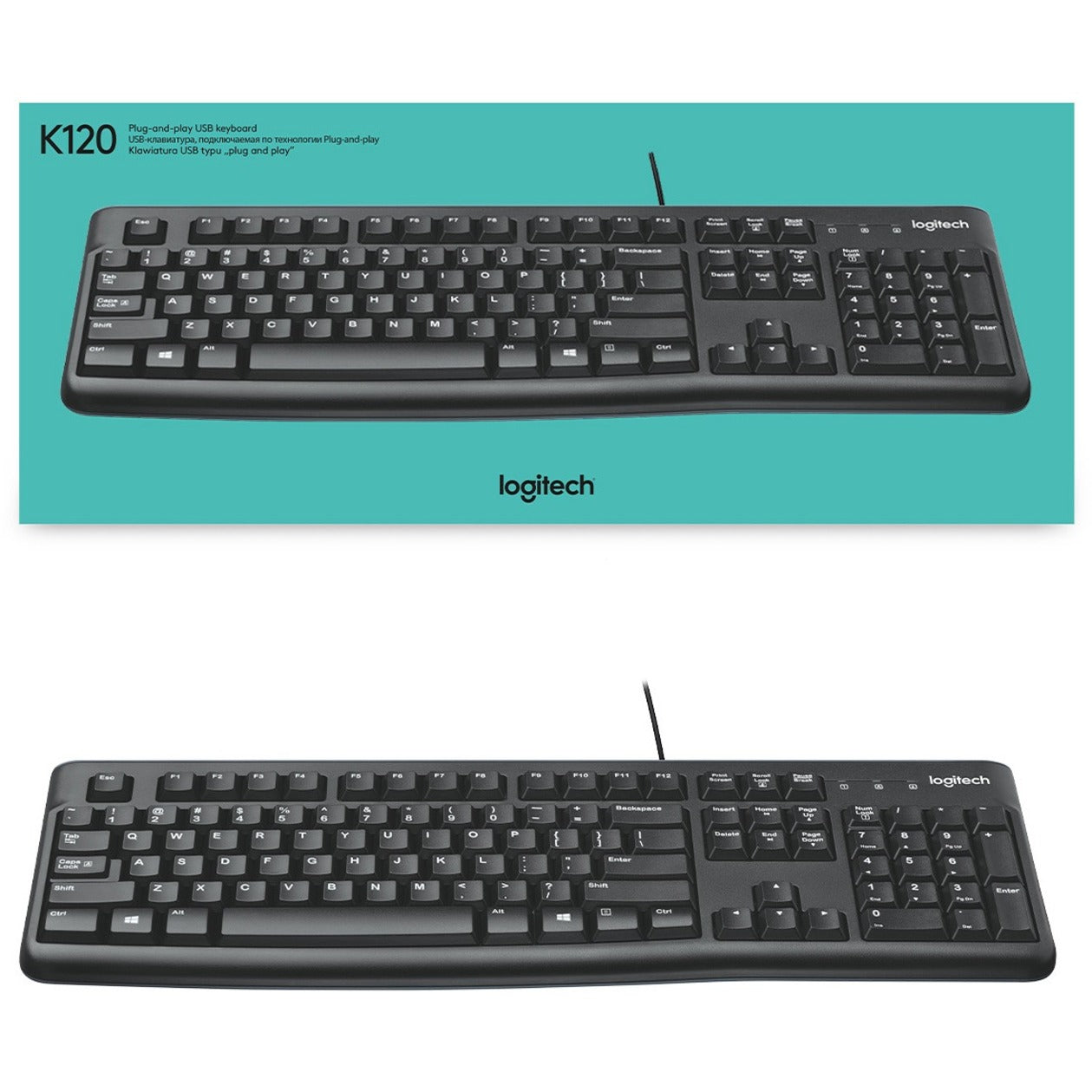 Logitech 920-002478 K120 Plug-and-Play USB Keyboard, Low-profile Keys, Spill Resistant, Quiet Keys, Adjustable Tilt, Full-size Keyboard, Numeric Keypad