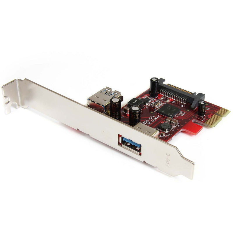 StarTech.com PCIe USB 3.2 card showing external port and red circuit board with silver bracket