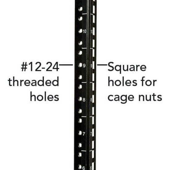 Close-up of rack mounting rail showing square and threaded hole pattern