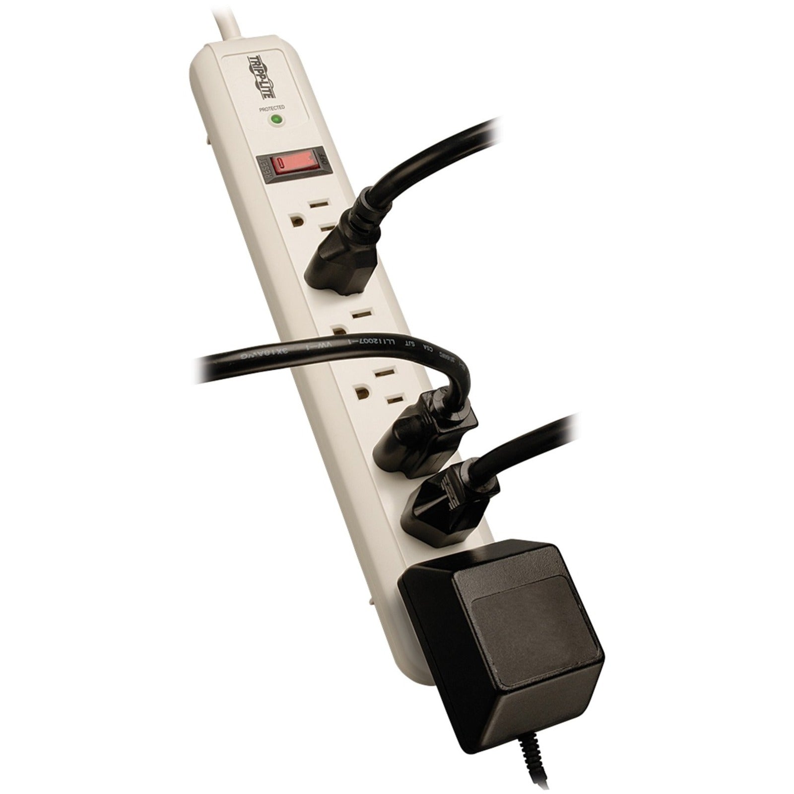 Tripp Lite TLP74R with multiple devices plugged in showing spacing between outlets-alternate-image3