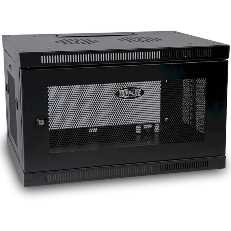 Front view of Tripp Lite SRW6U wall-mount server cabinet showing honeycomb mesh ventilation pattern and secure locking door