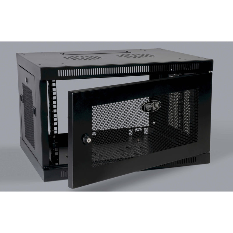 Tripp Lite SRW6U server cabinet with open front door showing internal mounting rails and ventilated design