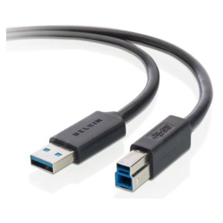 Belkin USB 3.0 cable showing Type A and Type B connectors with black molded construction and blue USB 3.0 indicators