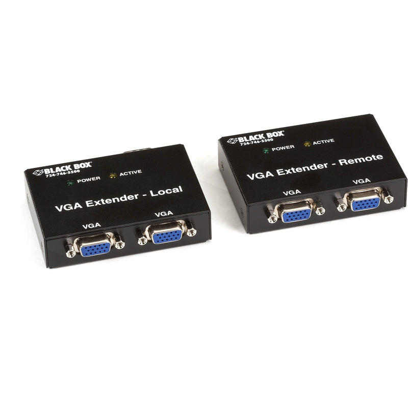 Front view of Black Box VGA Extender Kit showing local and remote units with dual VGA ports and status indicators