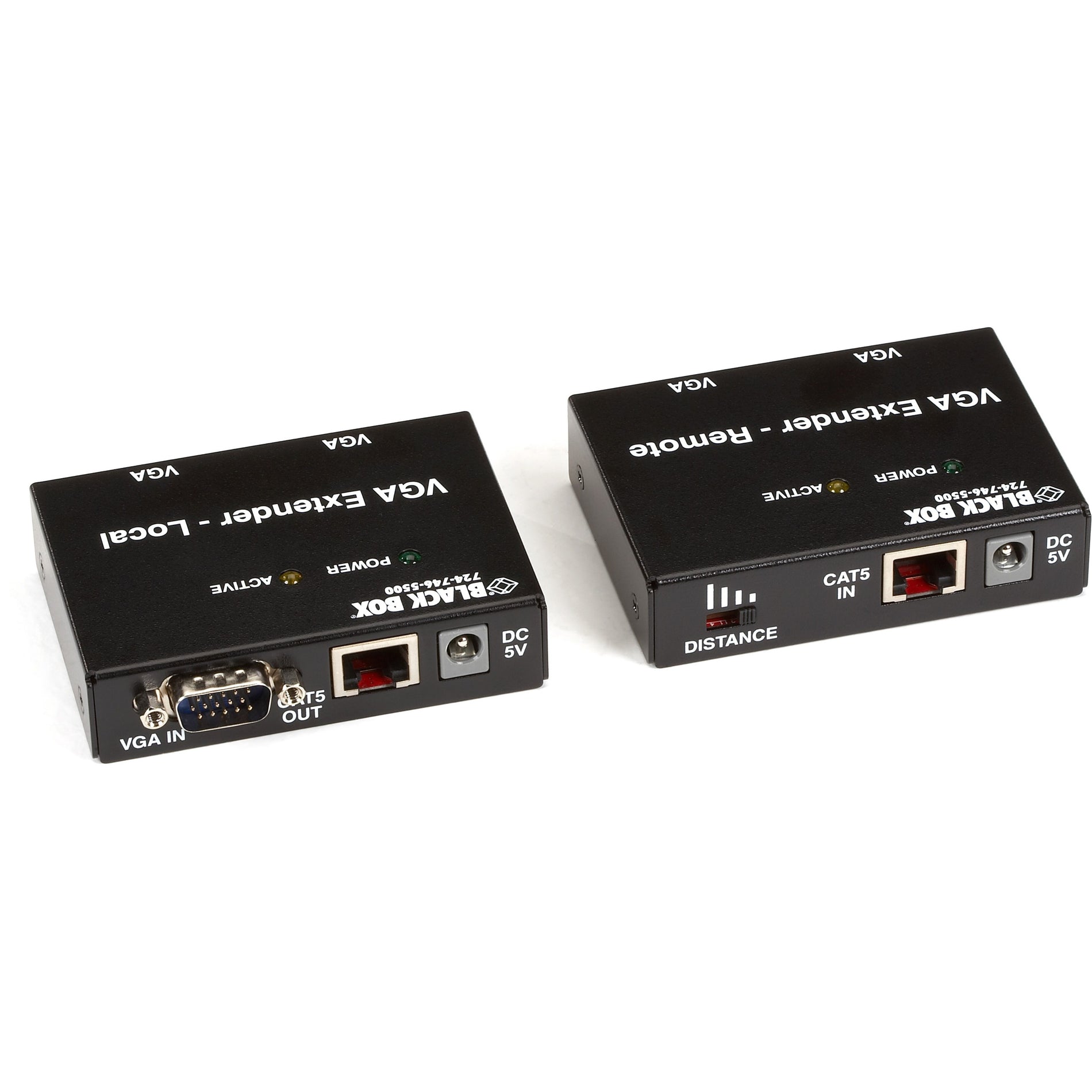 Rear view of Black Box VGA Extender Kit displaying VGA ports, CAT5 connections, and power inputs-alternate-image2