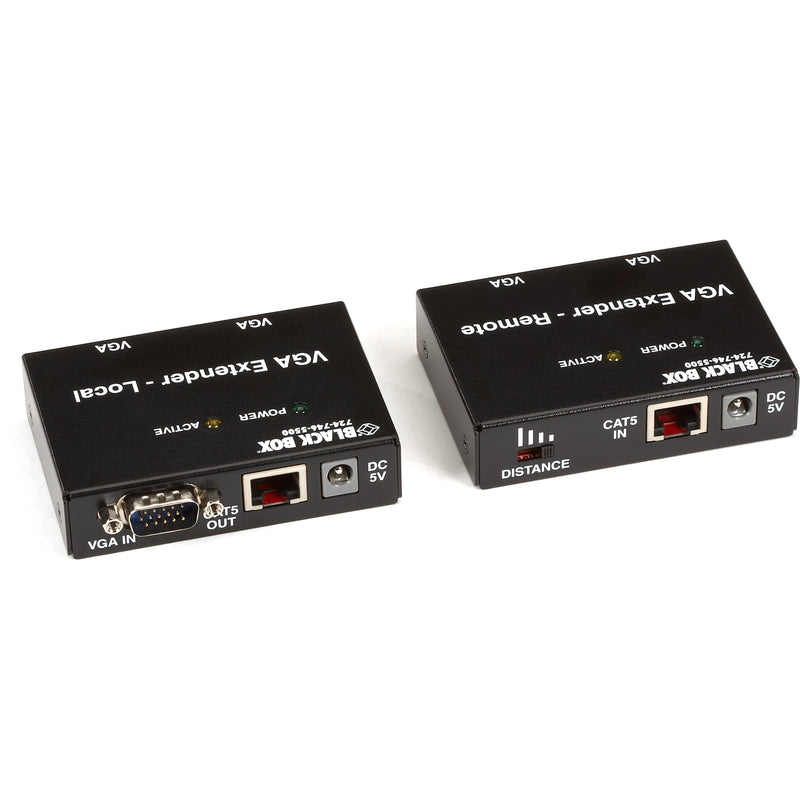 Rear view of Black Box VGA Extender Kit displaying VGA ports, CAT5 connections, and power inputs