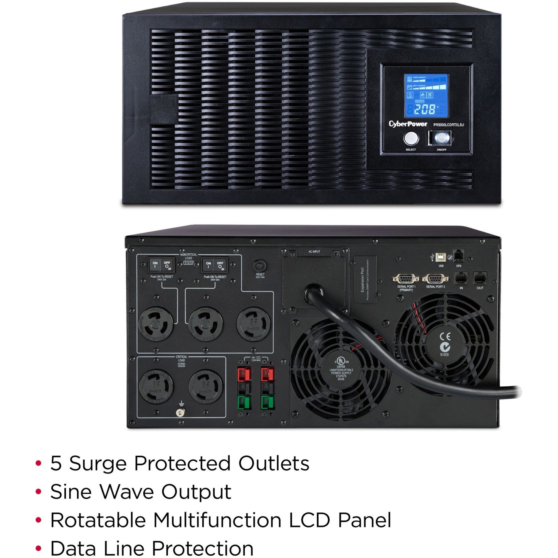 Dual view of CyberPower UPS showing front LCD panel and rear connectivity options with feature highlights-alternate-image3