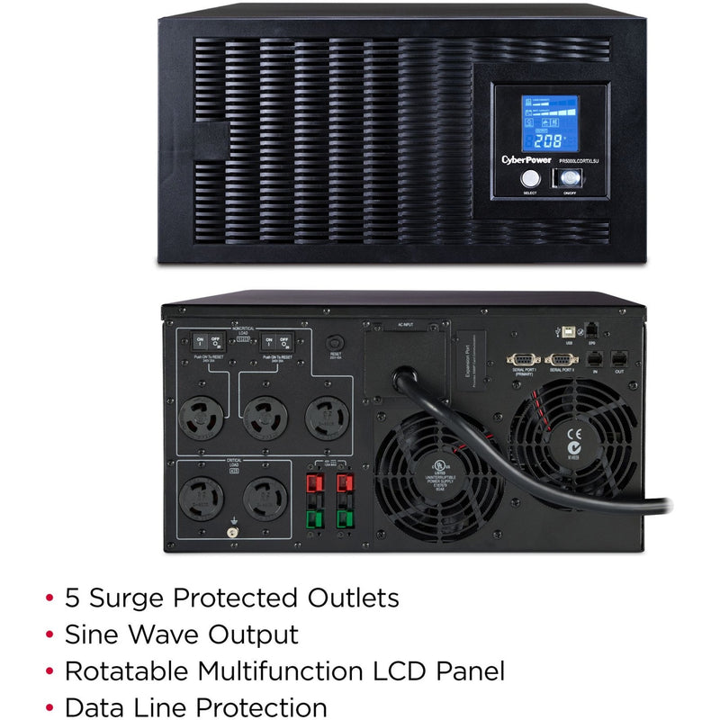 Dual view of CyberPower UPS showing front LCD panel and rear connectivity options with feature highlights