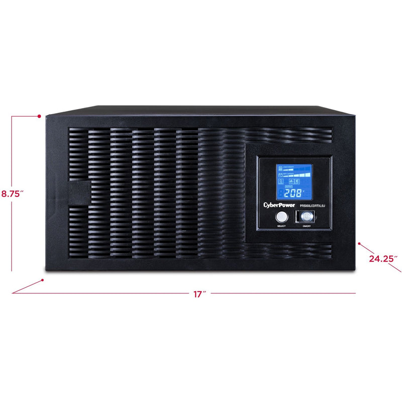 Dimensional view of CyberPower UPS showing exact measurements and rack form factor