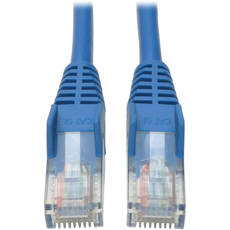 Close-up view of blue Cat5e cable ends showing transparent RJ45 connectors with snagless boots