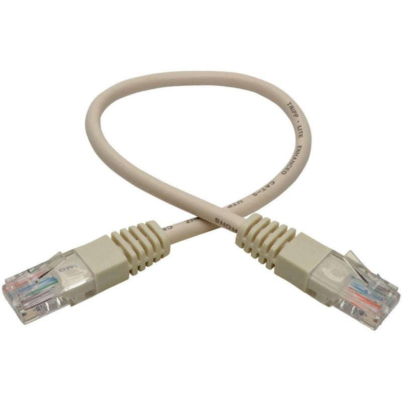 Full view of white 1-foot Cat5e patch cable with molded ends in curved position