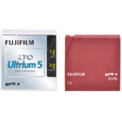 Fujifilm LTO Ultrium 5 data cartridge showing both the retail packaging and the red cartridge unit with white labeling