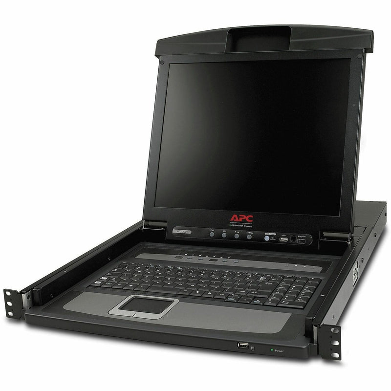 APC AP5808 17-inch rackmount LCD console with keyboard and touchpad in open position showing display screen and control panel