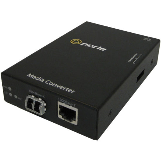 Perle S-1110-M2LC05 Media Converter showing dual ports with RJ-45 and fiber optic LC connections in black housing