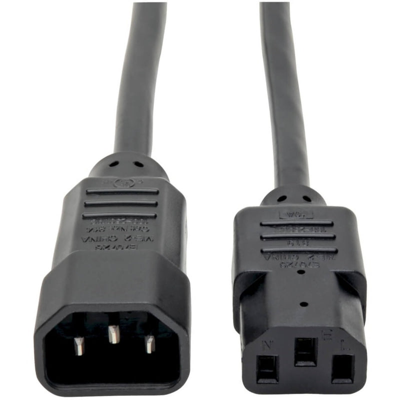 Close-up view of IEC C14 male and C13 female connectors on Tripp Lite P004-004 power extension cord