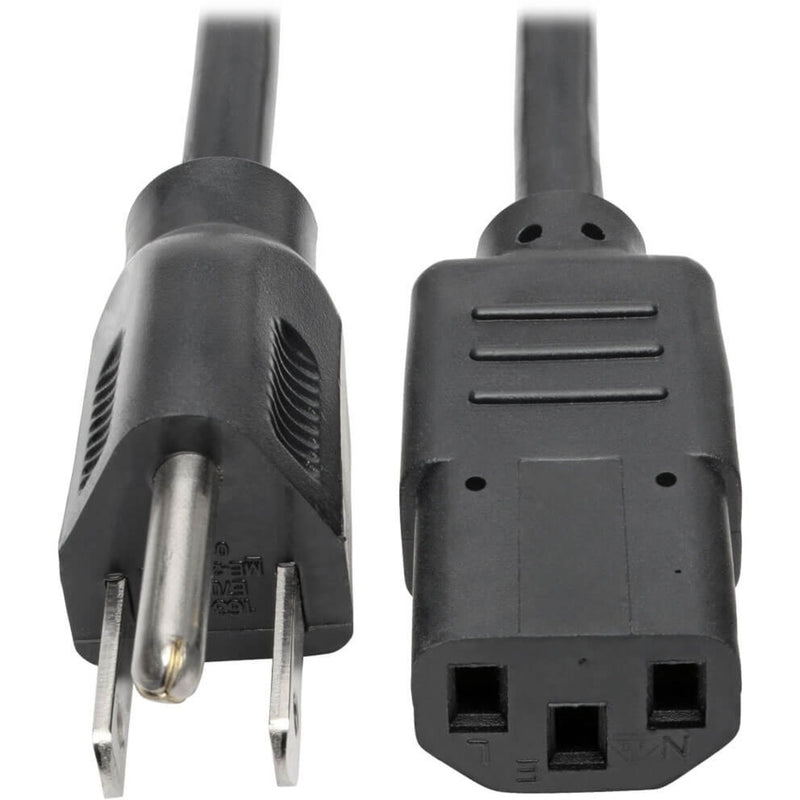 Close-up view of NEMA 5-15P plug and IEC-320-C13 connector ends of black power cord