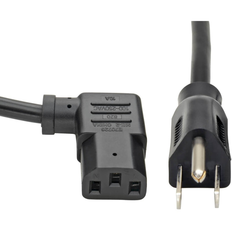 Close-up view of right-angle IEC C13 connector and NEMA 5-15P plug on black power cord