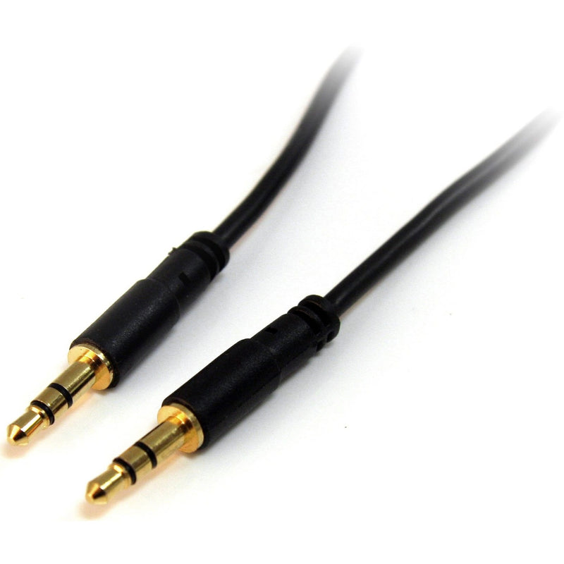 Close-up view of gold-plated 3.5mm stereo audio connectors with slim black housing and strain relief design