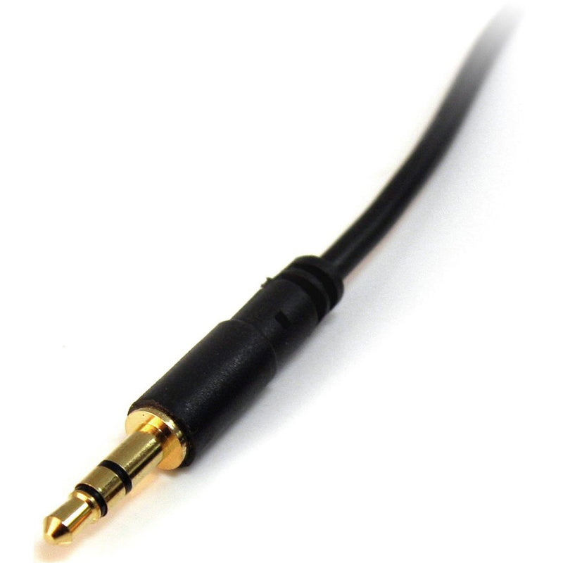 Detailed macro shot of slim 3.5mm audio connector showing gold-plated tip and strain relief design