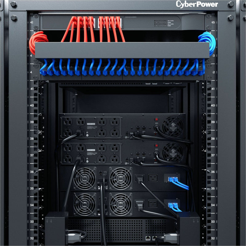 Detailed view of CyberPower OR1500PFCRT2U cable management in rack setup