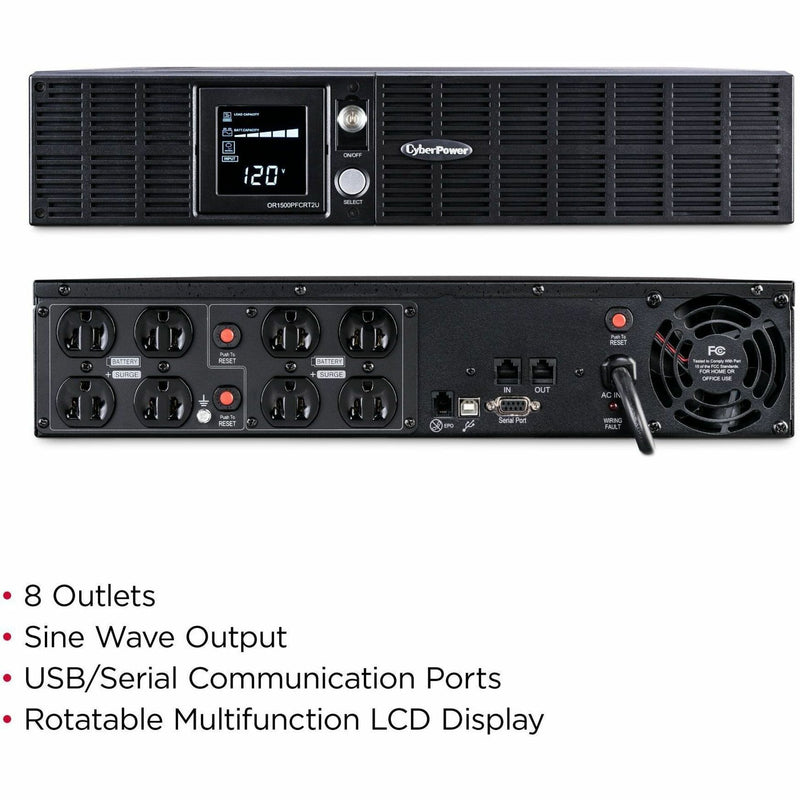 Combined front and rear view of CyberPower OR1500PFCRT2U showing full feature set