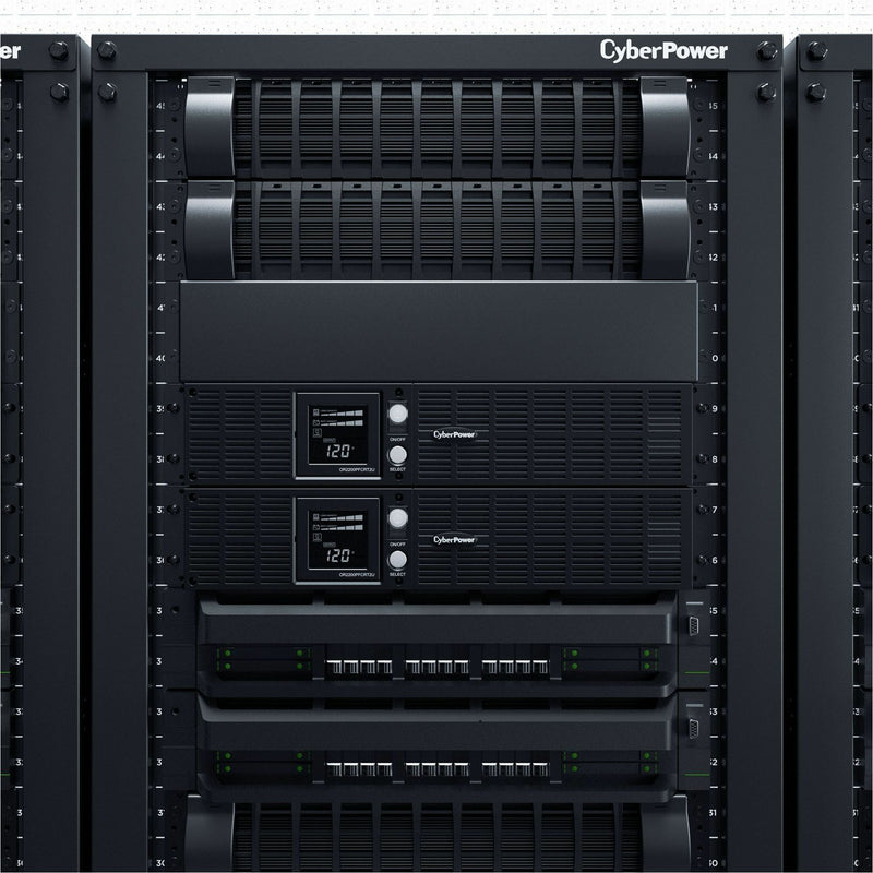 Multiple CyberPower OR2200PFCRT2U units installed in rack showing redundant configuration