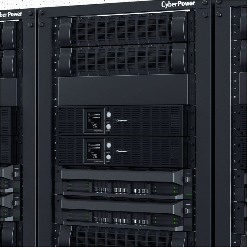 Close-up view of CyberPower OR2200PFCRT2U integrated into professional rack system