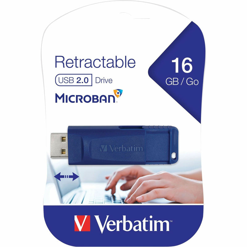 Retail packaging of Verbatim USB drive with product features and benefits