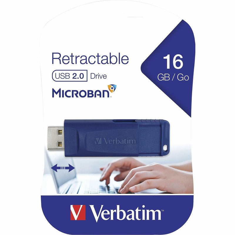 Product packaging showing Verbatim USB drive features and specifications