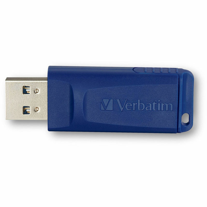 Side view of blue Verbatim USB drive showing retractable mechanism and ergonomic design