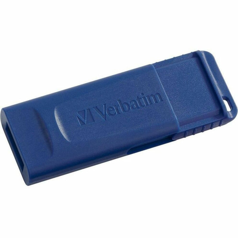 Close-up of blue Verbatim USB drive showing construction quality and branding