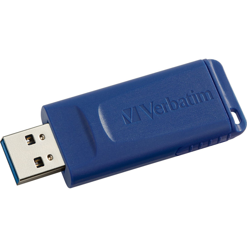 Blue Verbatim USB flash drive with retractable design showing USB connector