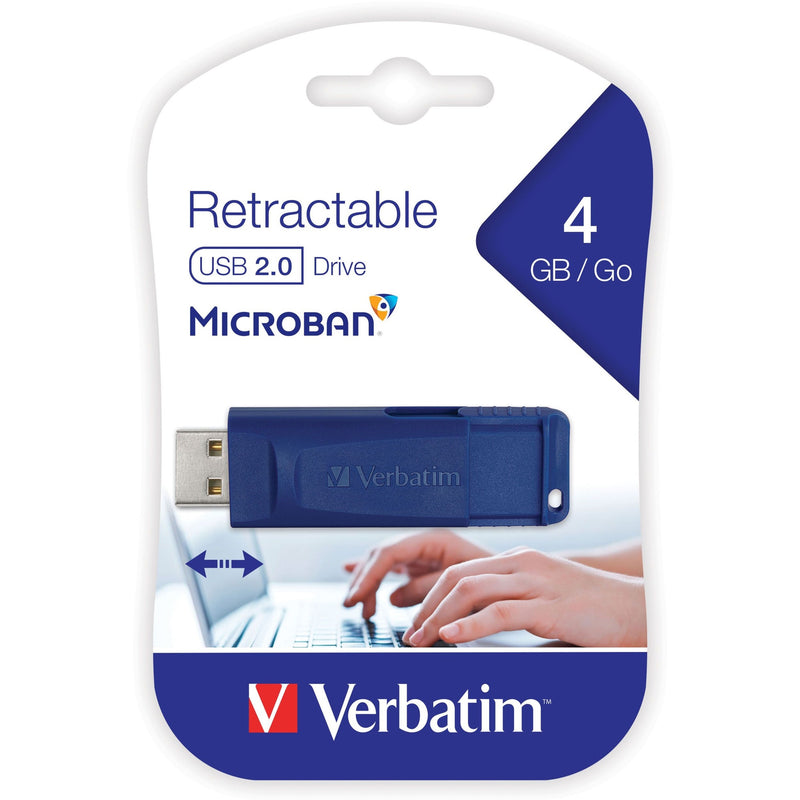 Retail packaging of Verbatim USB drive with features listed