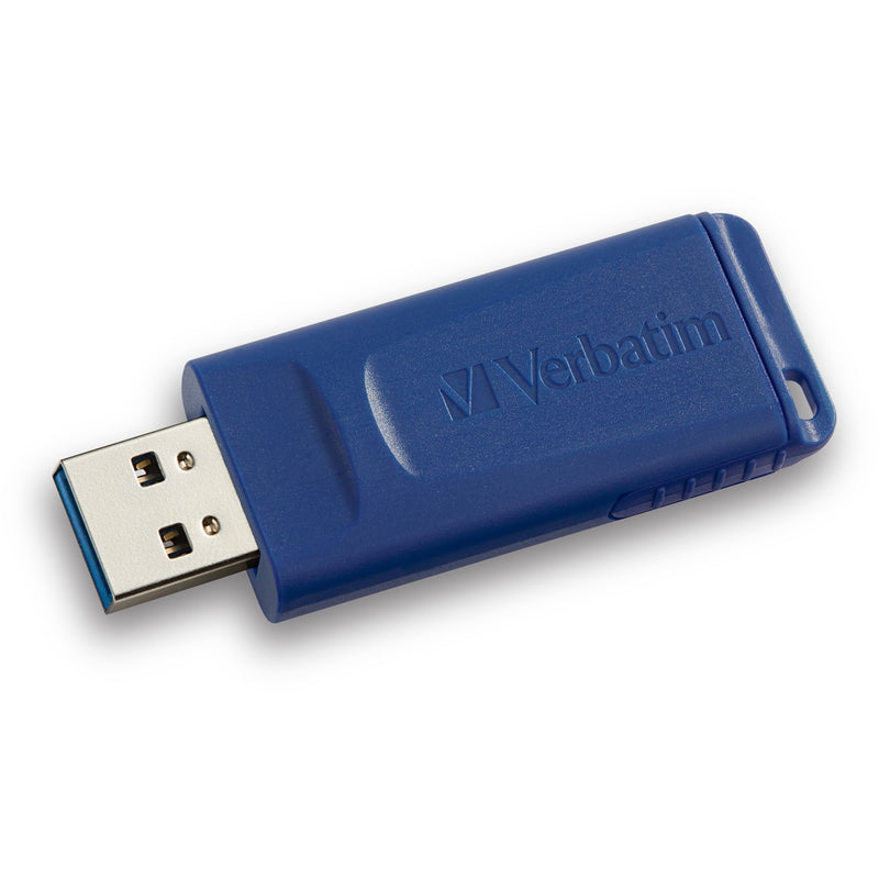 Blue Verbatim USB flash drive with retractable connector shown from front angle